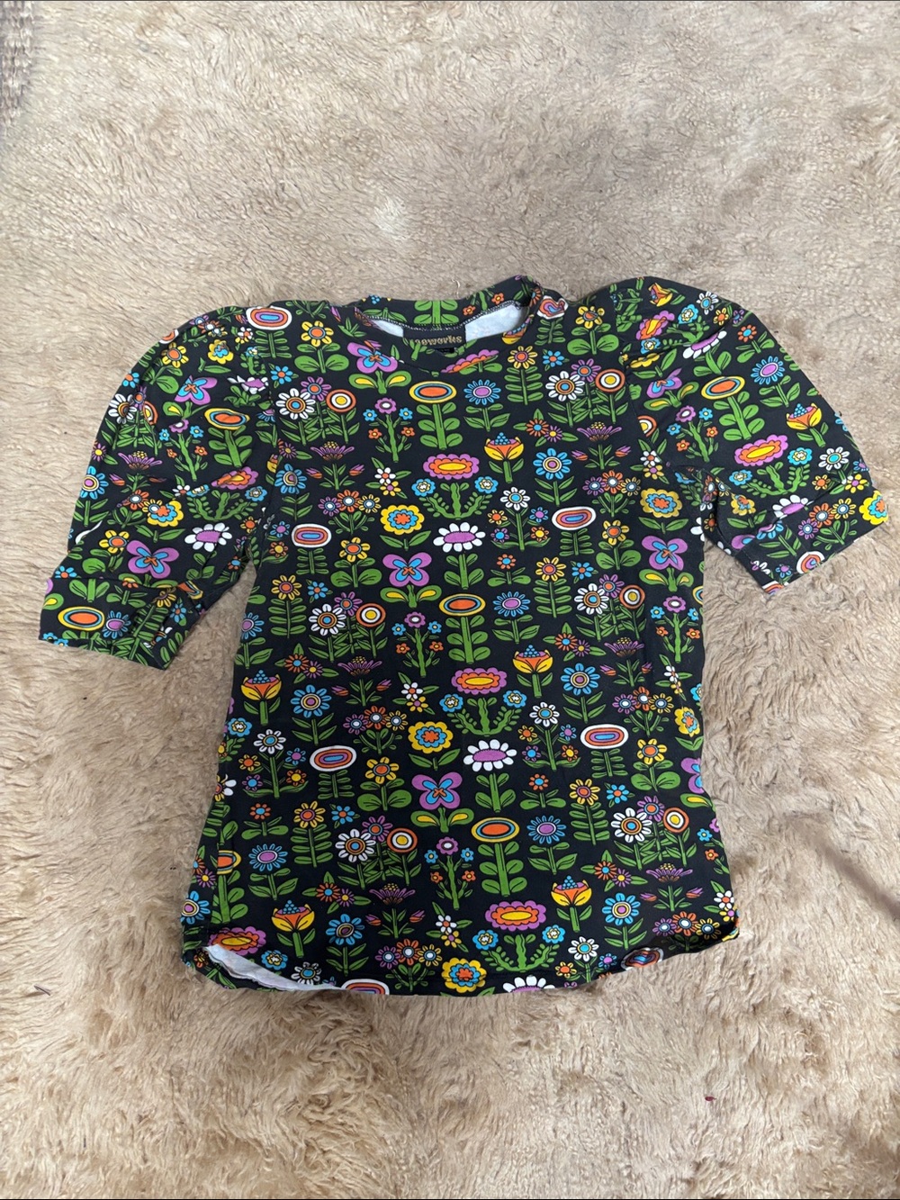 Nooworks Black Floral Pattern Puff sleeves top